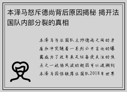 本泽马怒斥德尚背后原因揭秘 揭开法国队内部分裂的真相