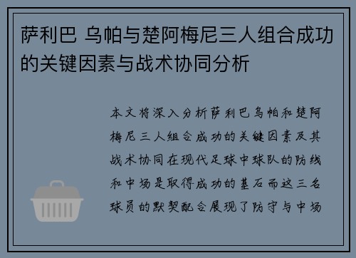 萨利巴 乌帕与楚阿梅尼三人组合成功的关键因素与战术协同分析