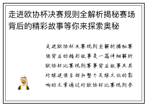 走进欧协杯决赛规则全解析揭秘赛场背后的精彩故事等你来探索奥秘