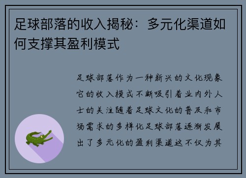 足球部落的收入揭秘：多元化渠道如何支撑其盈利模式